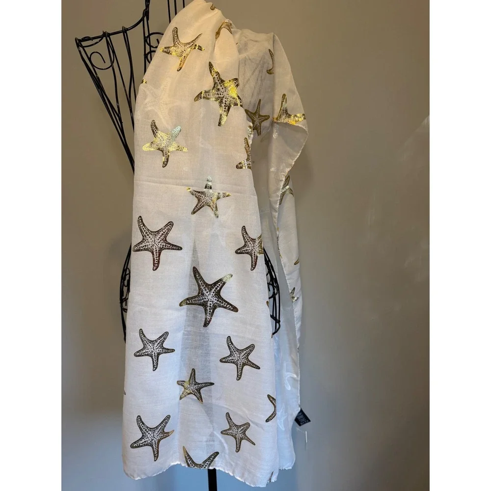 Avenue 9 White Gold Foil Starfish Scarf Nautical‎ Coastal Beach Wrap New